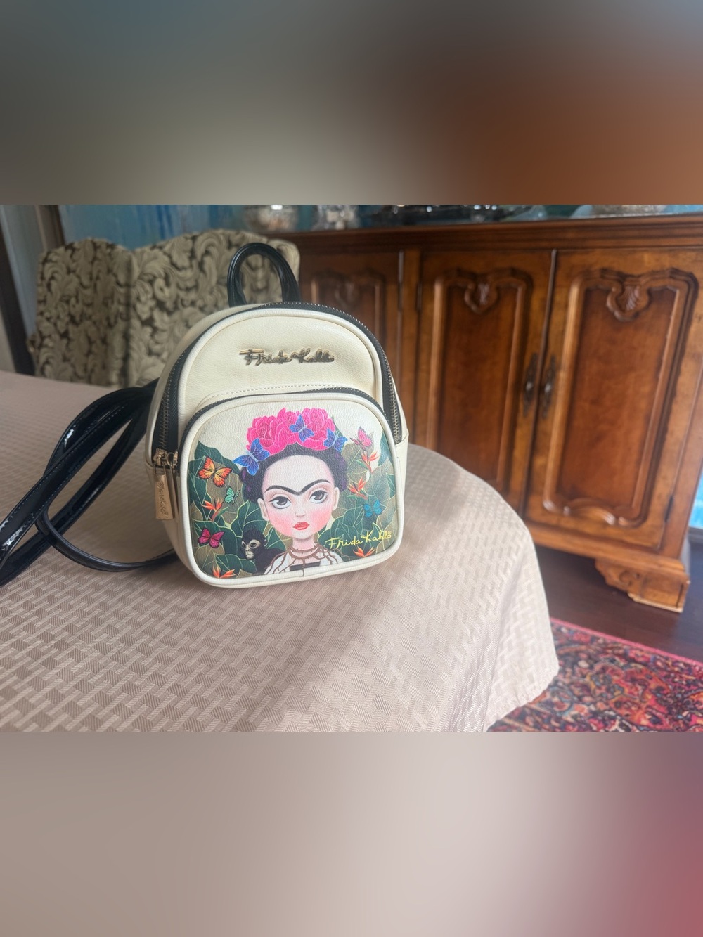 Frida Kahlo Cream Mini Backpack with Colorful Portrait Print - Picture 3 of 13